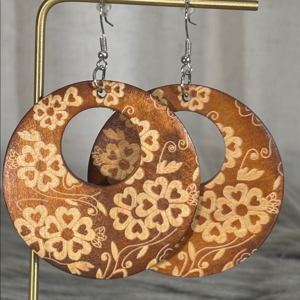 Floral Wooden Hoop Earrings - Picture 2 of 5